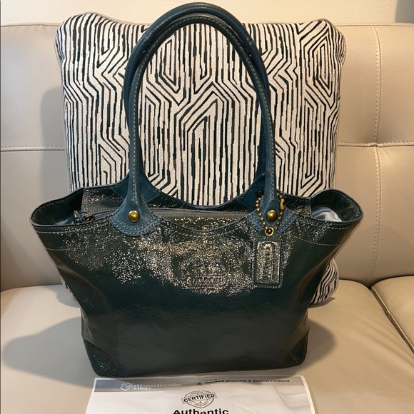 Coach Bleeker Teal Italian Cracked Leather Tote - Picture 3 of 17